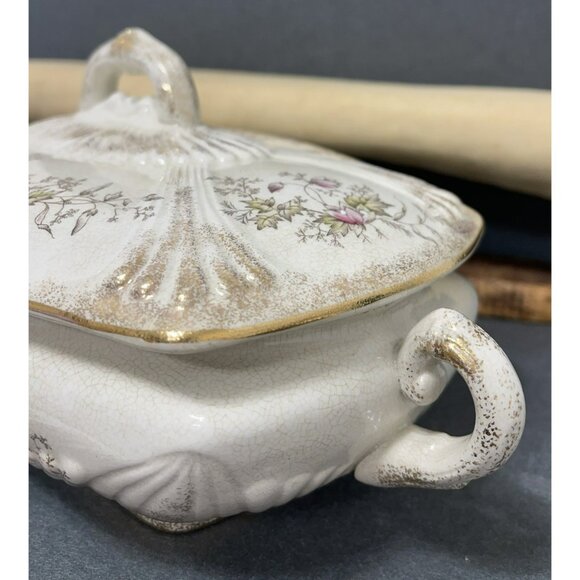 T.E.P.P. Co. Antique White Ironstone Covered Dish Tureen Crazed Stained Floral - Picture 13 of 16